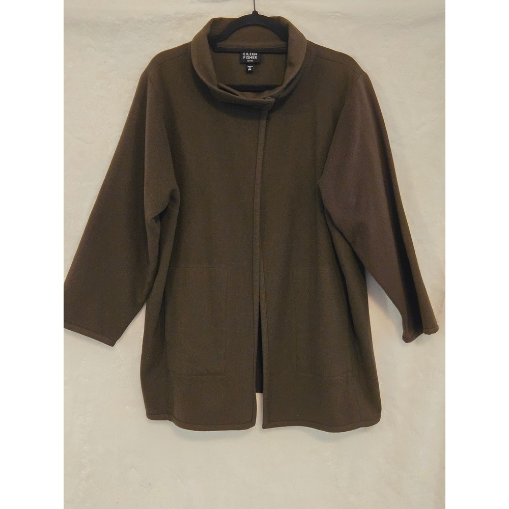 Eileen Fisher Womens Wool M Funnel Neck Jacket Olive Green Open Front Petite